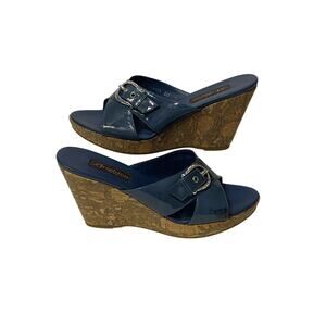 BRIGHTON Blue Patent Leather Cork Wedge Sandal Silver Buckle 8.5 MADE IN ITALY